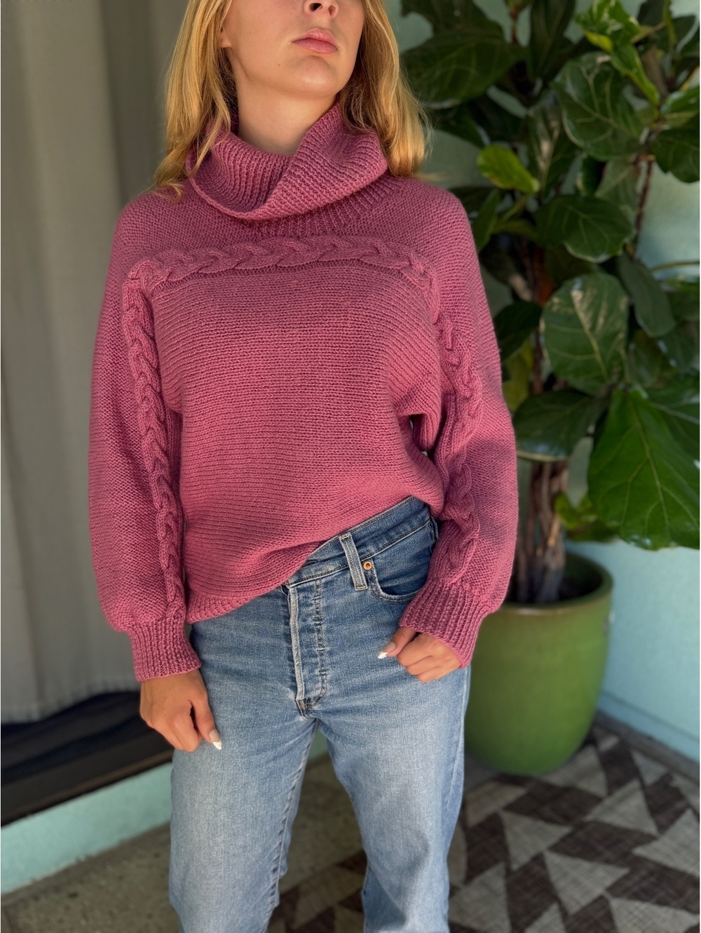 Handmade Cable Knit Mauve Turtleneck Dolman Sweater Description:
